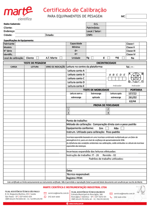 CERTIFICADO DE CALIBRACAO RASTREAVEL A RBC PARA BALANCAS